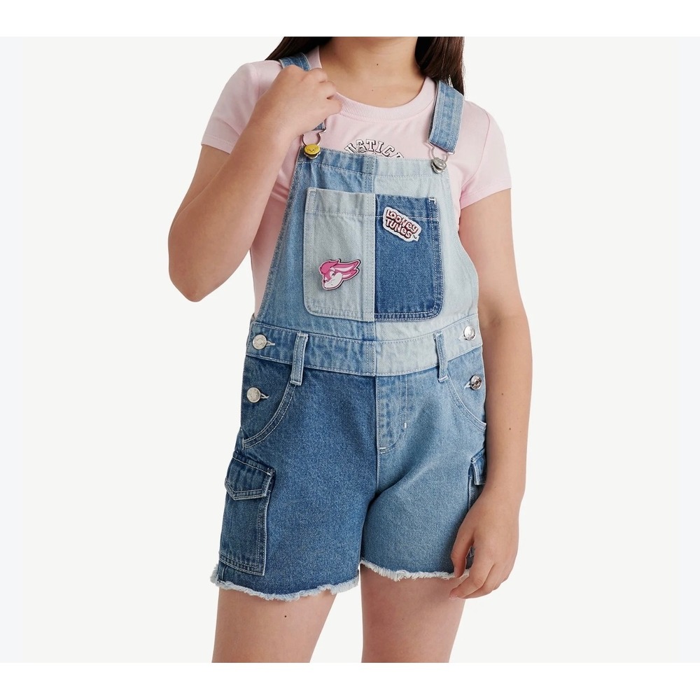 Justice Looney Tunes Denim Shortalls Kids Size 12 Blue Colorblock Patchwork